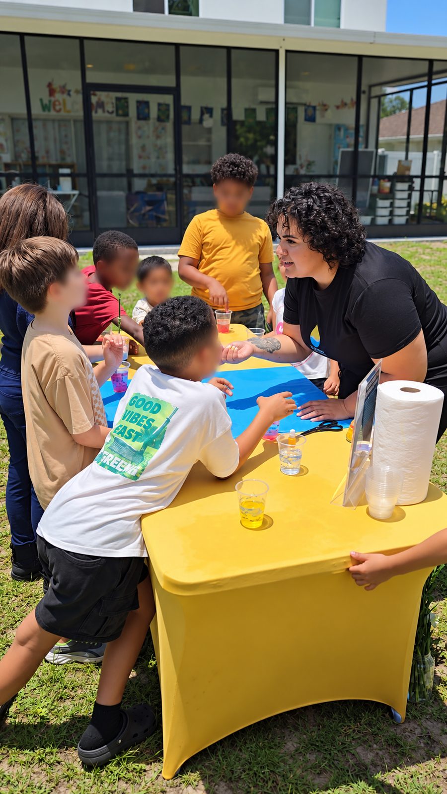 An instructor guiding students through a water experiment at an outdoor table