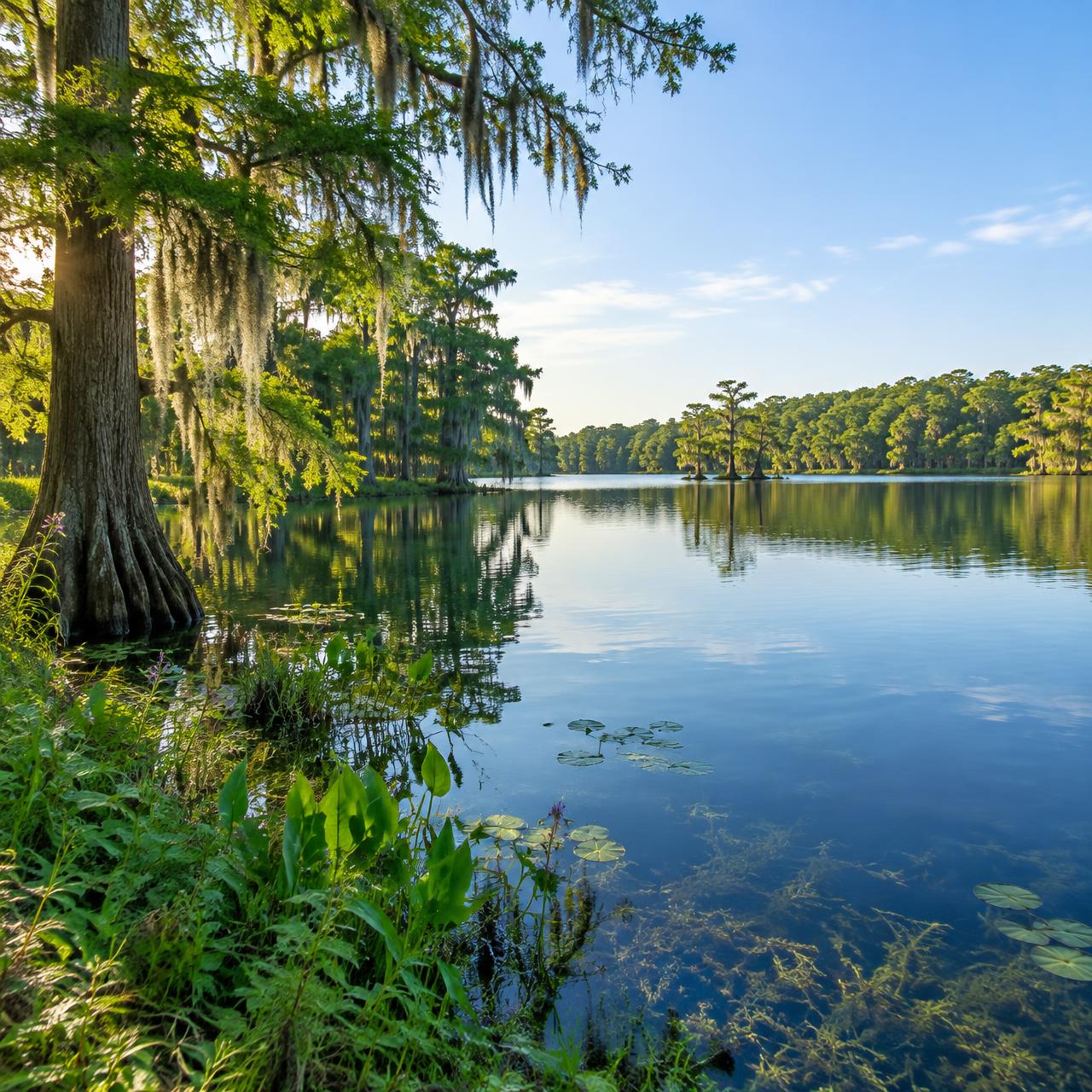 A clear, healthy lake framed by cypress trees and green shoreline plants